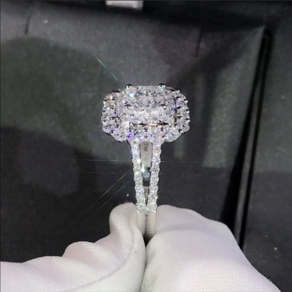 NEW💎925 Sterling Silver Diamond Halo Squar Ring - Picture 4 of 7